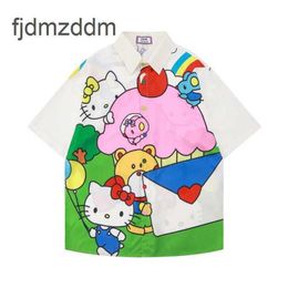 Fashion Designer Men's and Women's Shirts Leisure Cartoon Kitty Park Short Sleeved Printed Shirt Fun Cute Girl Sweet Loose Cardigan