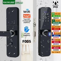 Control RAYKUBE F005 IP65 Waterproof Tuya Wifi/ TT Lock Electronic Smart Door Lock With Fingerprint/Smart Card/Password/Key/APP Unlock