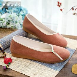 Casual Shoes Veowalk Women Plain Cotton Fabric Slip On Ballet Flats Elegant Ladies Comfortable Walking Working Brown Beige