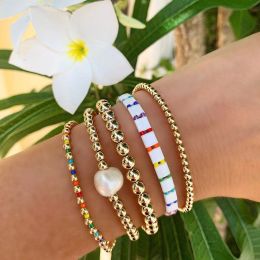 Strands Go2Boho Gold Colour Beaded Bracelet Real Pearl Rainbow Bracelets for Women Summer Miyuki Tila Jewellery Stacking Accessories