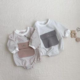 One-Pieces Infant Boy Fashion Striped Bodysuit Baby Big Pocket Long Sleeves Cotton Jumpsuit Girls Autumn New Arrival Outfits One Piece