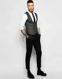 Men's Suits Grey Double Breasted Tweed Men Vest Black Pants Custom Blazer Slim Fit 2 Piece Tuxedo Fashion Formal High Quality Hombre