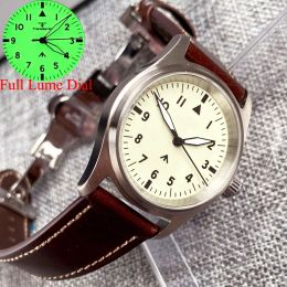 Watches 36mm Tandorio Lume Dial Green Full Luminous Japan NH35 Automatic Mechanical Pilot Style 20ATM Dive Watch Men Brown Leather Band