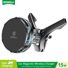 Chargers Bonola Magnetic Car Wireless Charger Cooler Mount 15W Fast Wireless Charging for Universal Vehicle Air Vent Cooling with Light