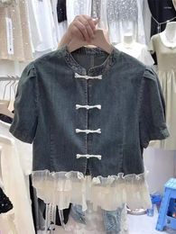 Women's Jackets Summer Chinese Style Disc Button Shirt For Women Splice Mesh Ruffle Edge Bubble Sleeves Loose Short Denim Coat Tops