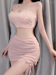 Casual Dresses Feathers Camisole Pink Short Lace Up Backless Solid Sweet Summer Sexy Seduction Plush Passion Set Breast Wrapping G3WH