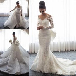 Luxury Mermaid Wedding Dresses Sheer Neck Long Sleeves Illusion Full Lace Applique Bow Overskirts Button Back Chapel Train Gowns F196H