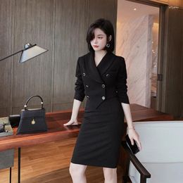 Work Dresses 2 Piece Set 2024 Autumn High End Women Suit Black Full Sleeve Top And Wrap Skirt Office Two Elegant Vestidos