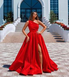 Dubai Arabic Cheap Simple Sexy Red A Line Prom Dresses One Shoulder High Split Formal Dress Evening Wear Party Gowns Prom Dress Cu7381293