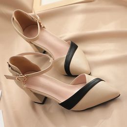 Rimocy Mix Color Med Heels Pump Pointed Toe Ankle Strap High Shoes Woman Pu Leather Patchwork Office Female 240417