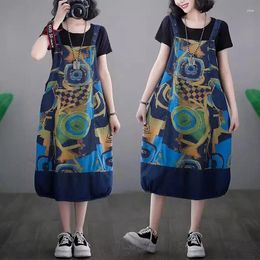 Casual Dresses Large Size Denim Strap Dress 2024 Spring Loose Fashion Versatile Printed Jeans Overall Sleeveless Vestidos Z4626