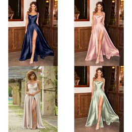 Dresses Party FATAPAESE Mint Green Bridesmaid Sexy Side Slit Backless Gown Long Satin Spaghetti Strap Summer Evening Dress for Women 230221