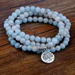 Strands Blue Stone Beads Bracelets for Women 108 Buddha Bracelet Jewelry with Lotus Pendant Vintage Yogi Multilayer Men Jewelry