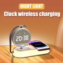 Chargers 15W Wireless Charger Stand LED Night Light 360 Rotation Alarm Clock Fast Charging Station For iPhone 14 13 12 11 Pro Max Samsung