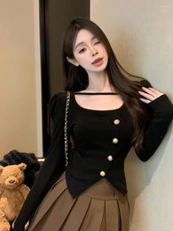 Women's Sweaters Square Neck Irregular Knitted Top Women Ruffle Sleeve Cropped Bottom Shirt