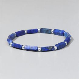 Strands Fashion Square Tube Stone Beads Bracelet Natural lapis lazuli Beaded Silver Color Round Ball Charm Bracelet Jewelry Women Men