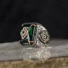 Bands Retro Handmade Turkish Signet Ring for Men Vintage Silver Colour Carving Pattern Inlay Green Zircon Party Punk Motor Biker Ring