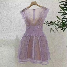 Casual Dresses Runway Purple Women's Clothes Party Sexy See-Through Luxury Sleeveless Female Mesh Lace Brand Dress Vestido Robe