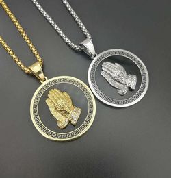 Hip hop zircon Men Jewelry Praying Hands And Bible Necklace With Wheat Chain For Men 18K Gold PlatedStainless Steel3035325