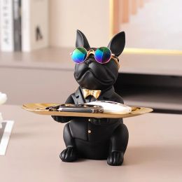 Sculptures Nordic French Bulldog Sculpture Resin Dog Statue Jewelry Storage Table Decoration Gift Belt Plate Glasses Tray Home Art Statue