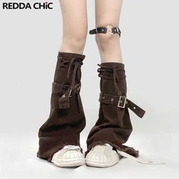 REDDACHiC Vintage Brown Cowgirl Denim Leg Warmers Flared Bandage Belt Women Gaiters Boots Cover Grunge Y2k Girl Knee-long Socks 240422