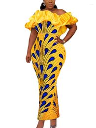 Casual Dresses Women Party Vintage Off Shoulder Peacock Feather Print Maxi Long Robes Puff Ruffle Formal Event Cocktail African Clothes