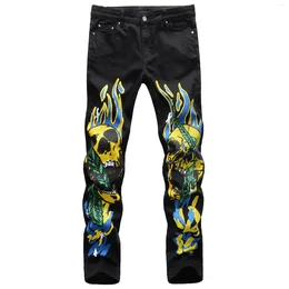 Men's Jeans Fashion Stretch Slim Fit 3D Colour Print Black White Trousers Flame Skull Graffiti Street Men Denim Pants Jean Homme