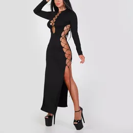 Casual Dresses Sexy Cutout Lace-up Slim Side High Slit Leg Long Skirt Irregular Long-sleeved Dress