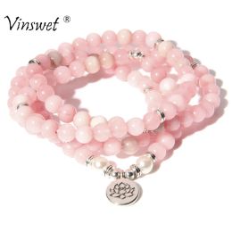 Strands Natural Stone Bracelet Women 108 Mala Yoga Necklace Pink Chalcedony beads Bracelets for Women Fashion Meditation Jewelry 2023