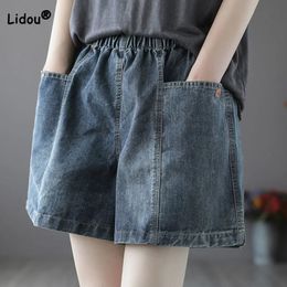 Summer Thin Style Pantalones De Mujer Elastic High Waist Personalized Street Double Pockets Female Wash Wide Leg Denim Shorts 240418