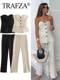 TRAFZA Woman Suits Elegant Single-breasted Pocket Strapless Slim Tube Top Zipper Female Straight Leg Slit Long Pant 240408