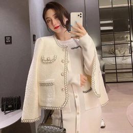 Women's Jackets Elegant O-neck Pearl Buttons Mink Fleece Cardigan Tops Korean Fashion Hit Colour Thick Short Coats 2024 All-match Women