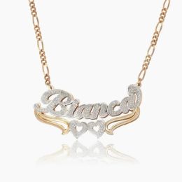 Necklaces Customised Necklace Double Layer Two Tone Two Hearts Personalised Custom Gold Plated Name Stainless Steel Necklace For Women