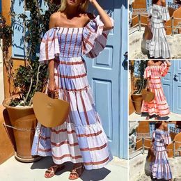 Casual Dresses Long Dress Woman Summer Fashion Plaid Print Large Swing A-line Skirt Beach Sexy Off-the-shoulder Elastic Slim Waist