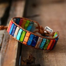 Strands New Ethnic Style Multicolor Natural Gem Leather Bracelets Tibetan Gypsy Beaded Adjustable Bracelet for Women Men Party Jewelry