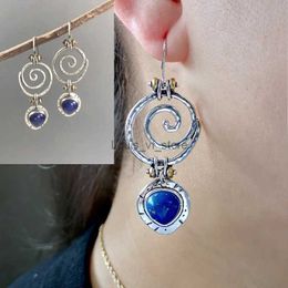 Dangle Chandelier Vintage Hollow Spiral Blue Stone Drop Earrings Womens Ethnic Jewelry Metal Antique Silver Color Whirl Hook Gift H240423