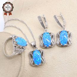 Necklaces 925 Sterling Silver Blue Opal Bridal Jewellery Sets For Women Necklace Earrings Pendants Ring Sets For Birthdays Gift