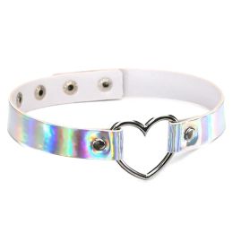 Necklaces PU Leather Choker Necklace Gift For Women Holographic Heart Metal Laser Collar Chocker Fashion Jewellery Colourful