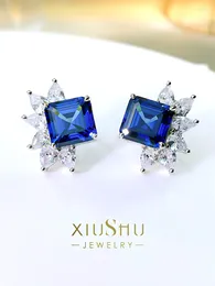 Stud Earrings Luxury Small Group Fat Leaves Fang Asche Royal Blue Pure White Nails High Carbon Diamonds And Artificial Emerald