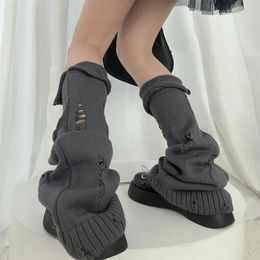 Japanese Elastic Knitted Leg Warmer Womens Solid Colour Flip Ripped Hole Legwarmers Y2K Loose Wide Leg Flared Mid Calf Socks 240422