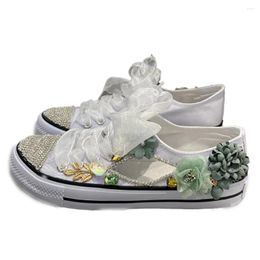 Casual Shoes Soft Sneaker Summer Hollow Cool Breathable Hand Sewed Green Flower Quatliy Rhinestone Bright Round Toe Plus Size Girl Flat