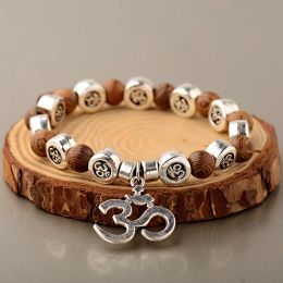 Strands New Classic Natural Wood Beads Bracelets For Women Meditation Prayer Sliver Om Pendant Bracelet Men Wooden Yoga Jewelry