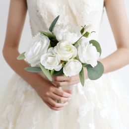 Wedding Flowers Rose Gift Bouquets For Bride Bridesmaid White Green Artificial Roses Decoration