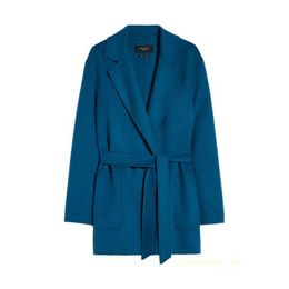 Women's Coat Cashmere Coat Luxury Coat Maxmaras Womens Blue Pure Wool Polo Collar Long Sleeve Tunic Waist Thick Loose Coat