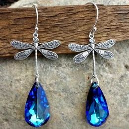 Dangle Chandelier Blue Shiny Synthetic Gems Pendant Dragonfly Design Earrings for Women Elegant Style Silver Colour Jewellery Trendy H240423