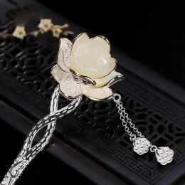 Jewelry Natural Hetian white jade lotus hairpin tassel Chinese style retro craftsmanship original charm light luxury women's jewelry