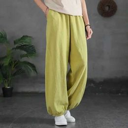 여성용 바지 Capris Bloomers Cotton Linen Casual Elastic High Waist Loose Womens Bants 여성용 패션 넓은 다리 발목 바지 2024 Y240422