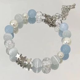 Bangle Harajuku Pentagram Pearl Beaded Bracelets for Women 2023 Korean Aesthetic Cute Star Blue Glass Ball Bracelets Y2k Jewellery Gifts