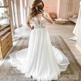 Abito da sposa principessa manica a v-collo boho rustico pavimento civile lunghezza sweep train chiffon robe de mairee affascinante per donne2787