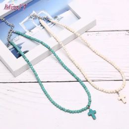 Necklaces Natural Turquoises Stone Chokers Necklaces For Women Charm Light Blue&White Pendant Necklace Prayer Cross Necklace